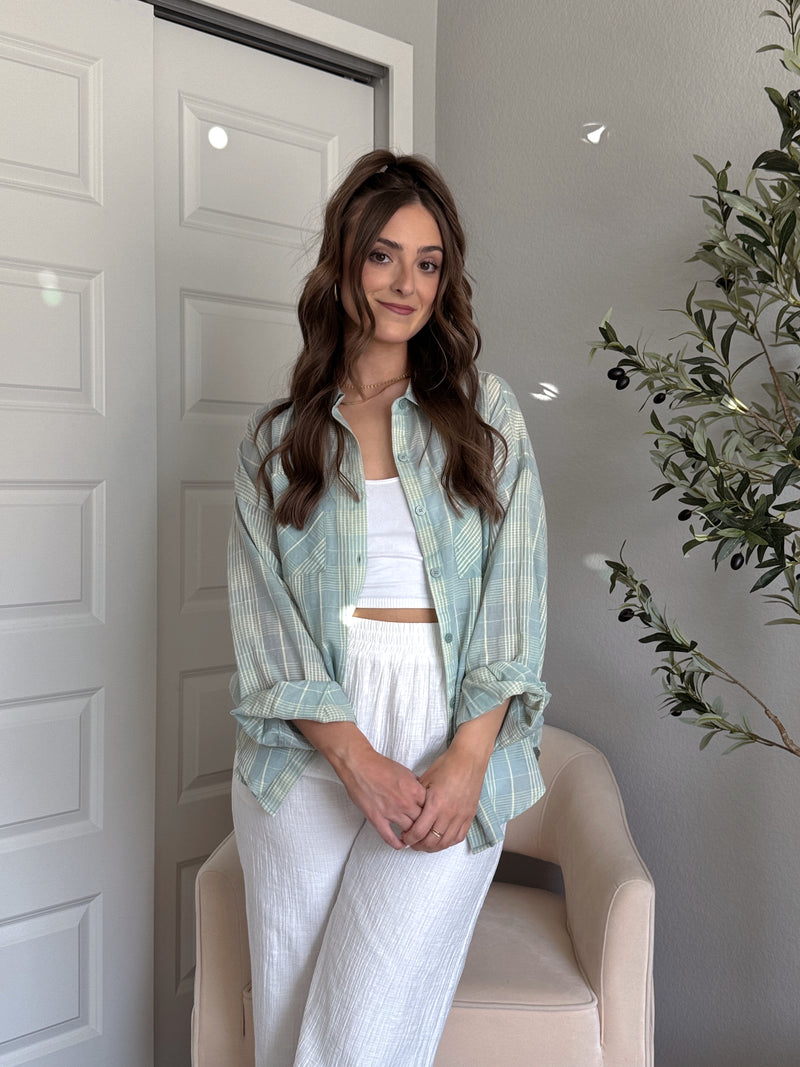 Savannah Plaid Oversized Button Down Shirt (Mint)