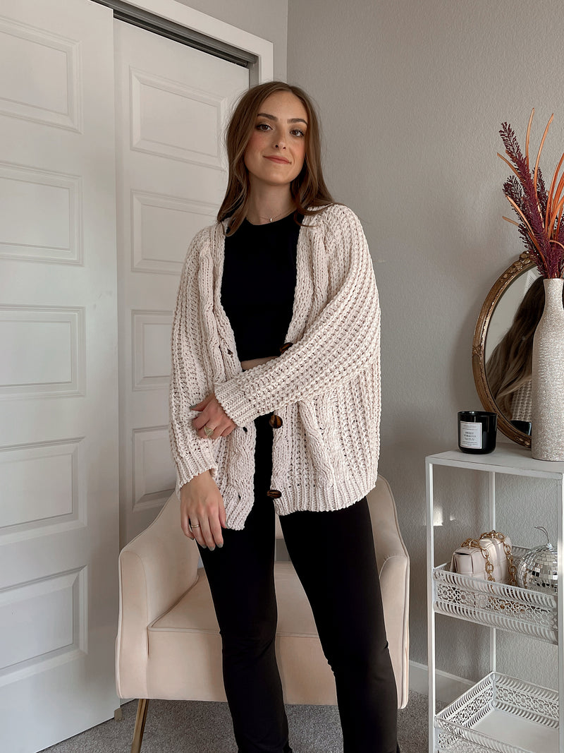 Sawyer Chenille Button Down Cable Knit Cardigan (Beige)