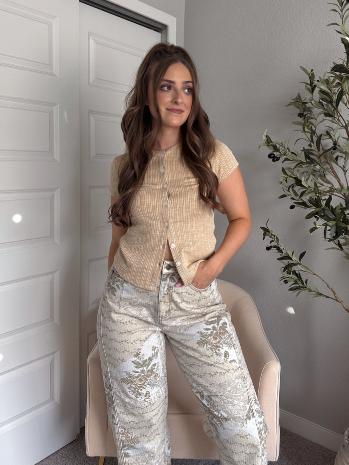 Saylor Ribbed Button Down Knit Top (Sand)