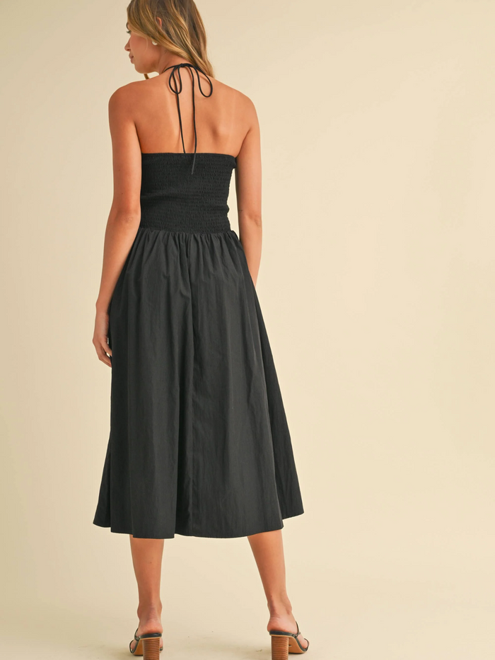 Sedona Ruched Drop-Waist Halter Midi Dress (Black)