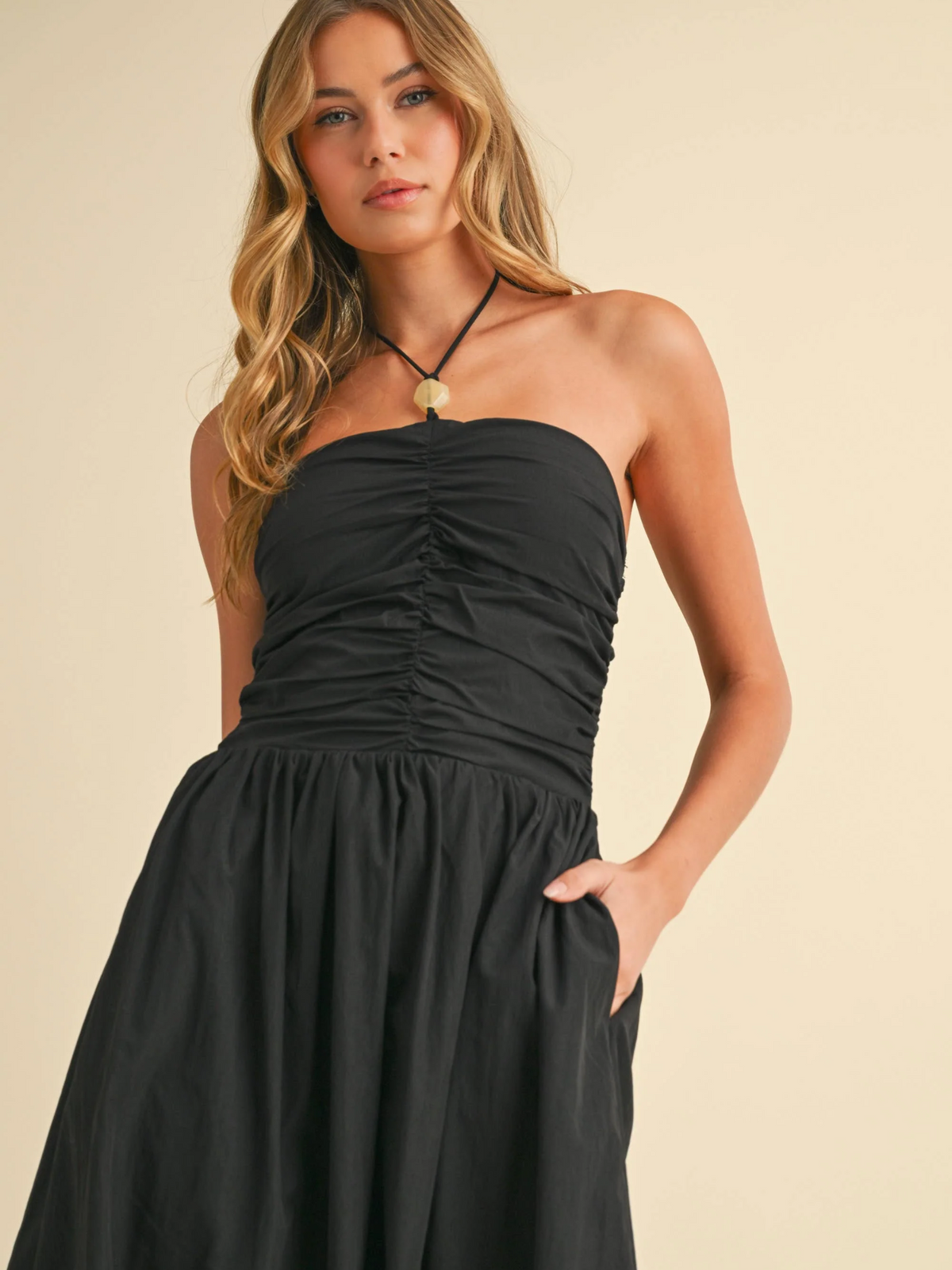 Sedona Ruched Drop-Waist Halter Midi Dress (Black)