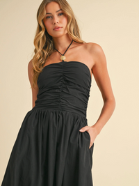 Sedona Ruched Drop-Waist Halter Midi Dress (Black)