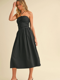 Sedona Ruched Drop-Waist Halter Midi Dress (Black)