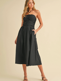 Sedona Ruched Drop-Waist Halter Midi Dress (Black)