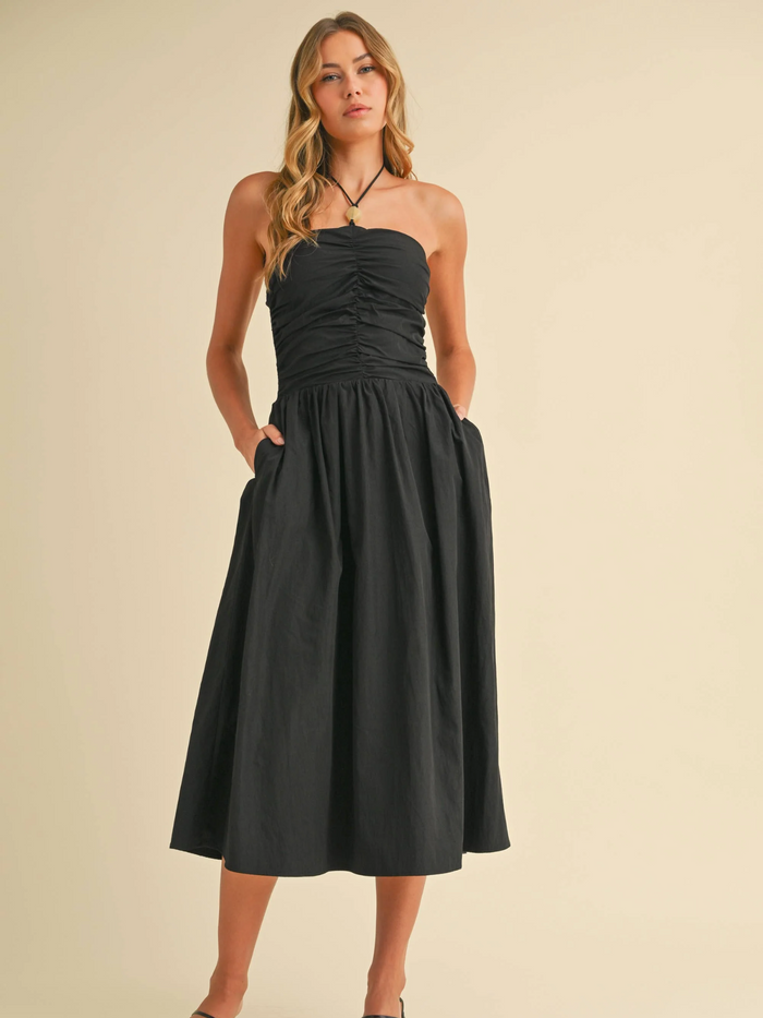 Sedona Ruched Drop-Waist Halter Midi Dress (Black)