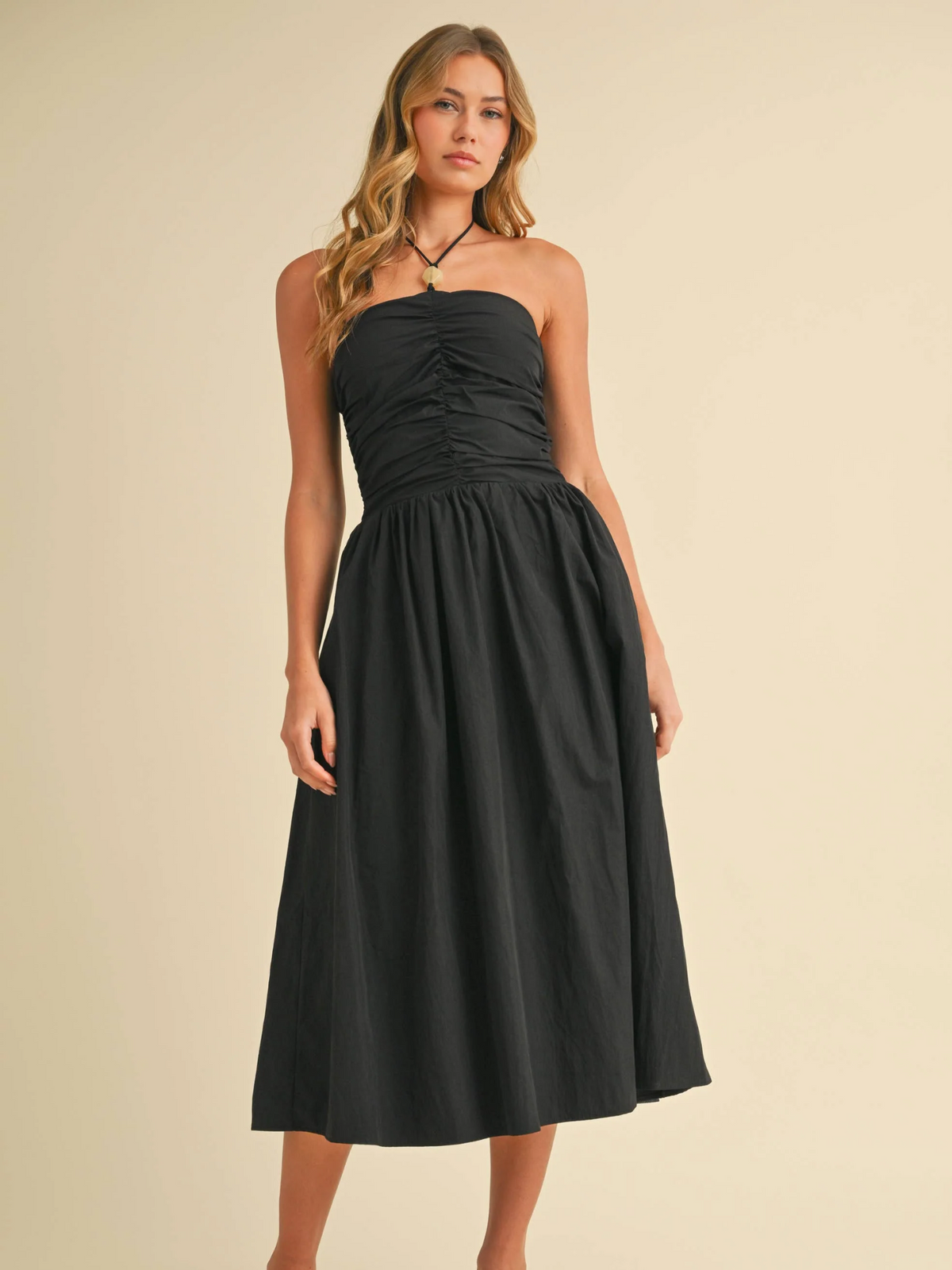 Sedona Ruched Drop-Waist Halter Midi Dress (Black) Small