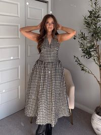 Sidney Gingham Print Halter Tie Fit & Flare Midi Dress (Natural/Black)