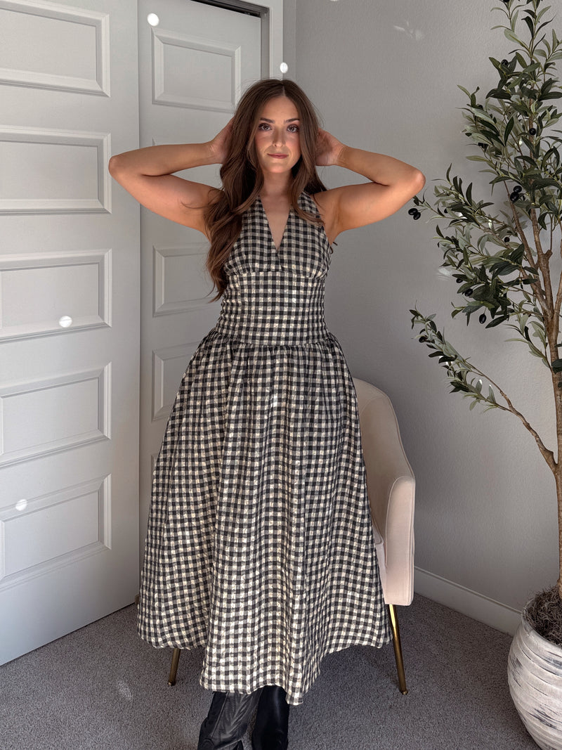 Sidney Gingham Print Halter Tie Fit & Flare Midi Dress (Natural/Black)