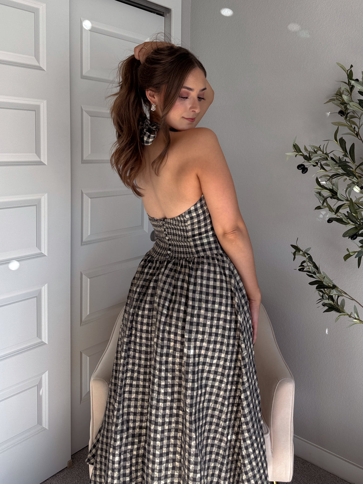 Sidney Gingham Print Halter Tie Fit & Flare Midi Dress (Natural/Black)