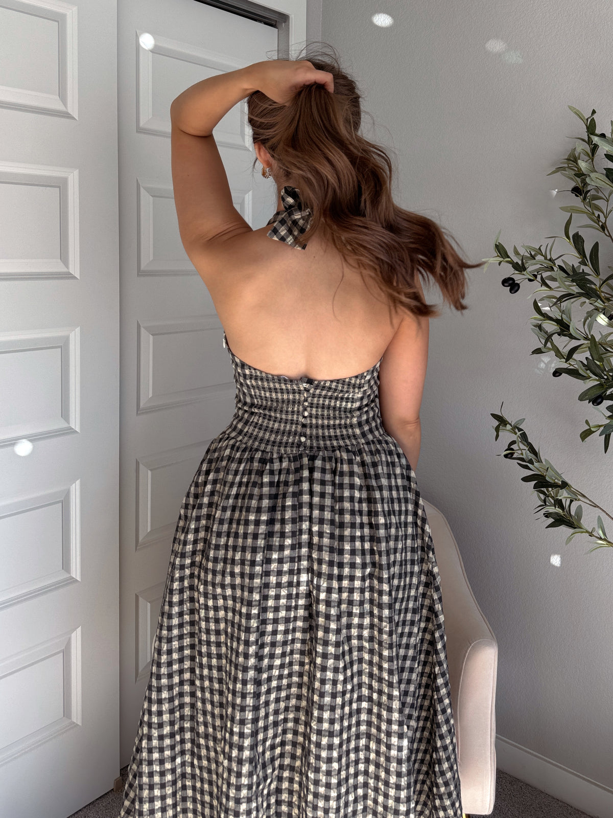 Sidney Gingham Print Halter Tie Fit & Flare Midi Dress (Natural/Black)