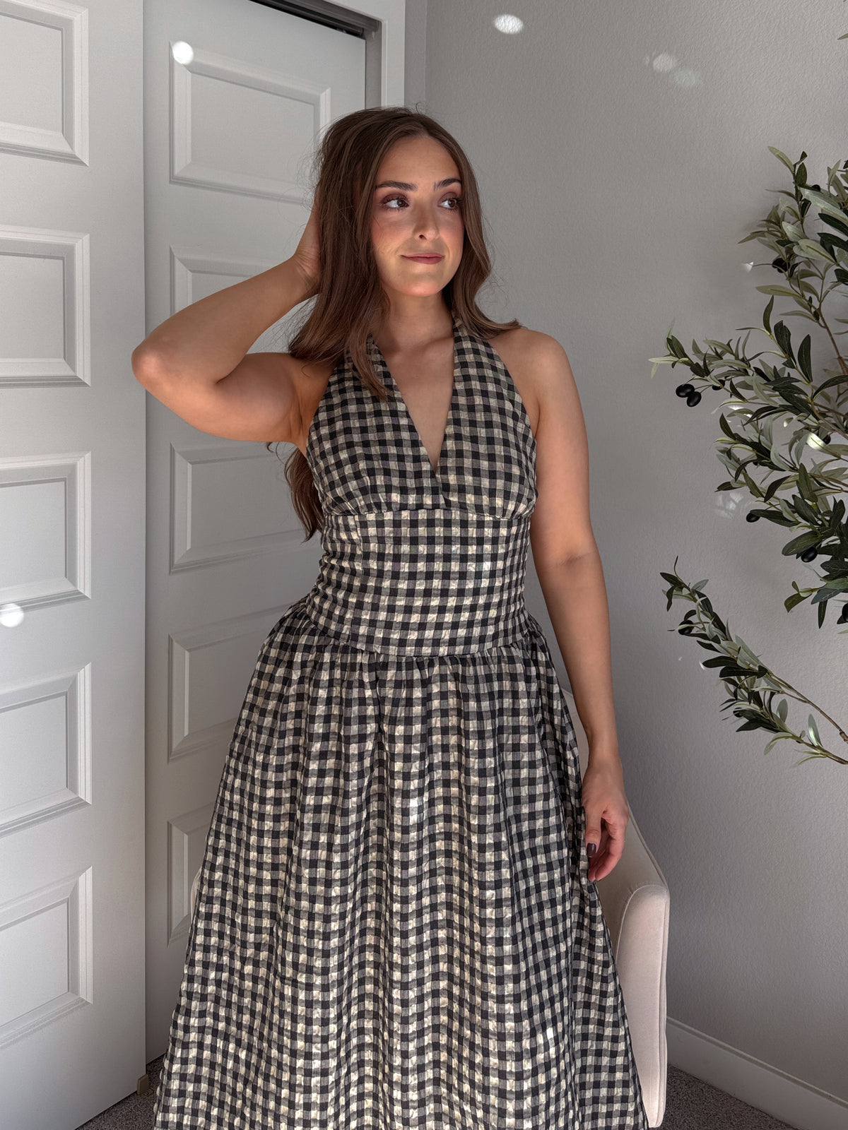 Sidney Gingham Print Halter Tie Fit & Flare Midi Dress (Natural/Black)