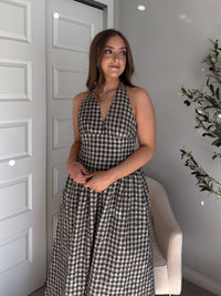Sidney Gingham Print Halter Tie Fit & Flare Midi Dress (Natural/Black)