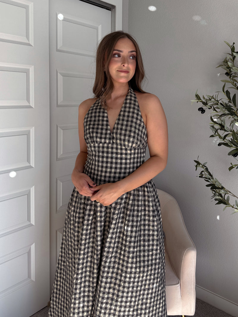 Sidney Gingham Print Halter Tie Fit & Flare Midi Dress (Natural/Black)