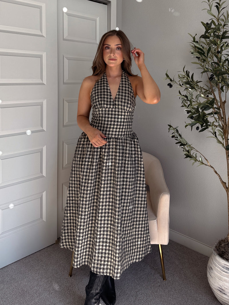 Sidney Gingham Print Halter Tie Fit & Flare Midi Dress (Natural/Black)