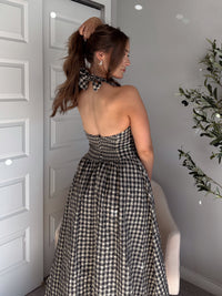Sidney Gingham Print Halter Tie Fit & Flare Midi Dress (Natural/Black)
