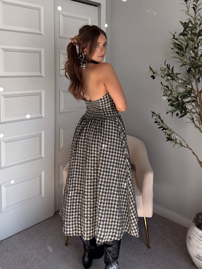 Sidney Gingham Print Halter Tie Fit & Flare Midi Dress (Natural/Black)