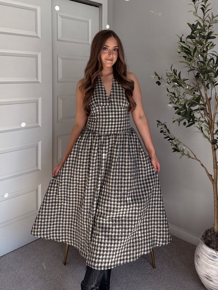 Sidney Gingham Print Halter Tie Fit & Flare Midi Dress (Natural/Black) La Belle Boutique Sidney Gingham Print Halter Tie Fit & Flare Midi Dress (Natural/Black) La Belle Boutique