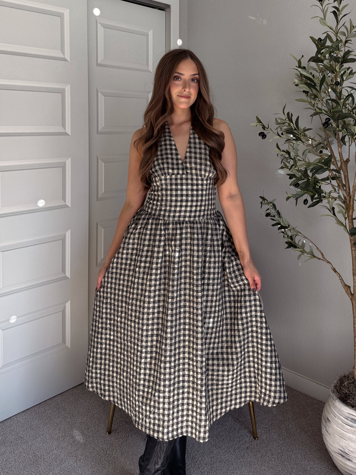 Sidney Gingham Print Halter Tie Fit & Flare Midi Dress (Natural/Black)