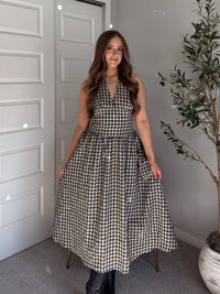 Sidney Gingham Print Halter Tie Fit & Flare Midi Dress (Natural/Black)