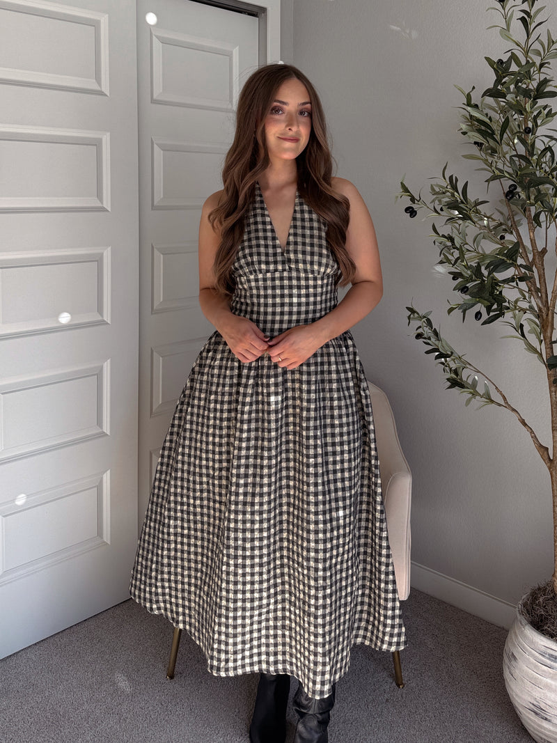 Sidney Gingham Print Halter Tie Fit & Flare Midi Dress (Natural/Black)