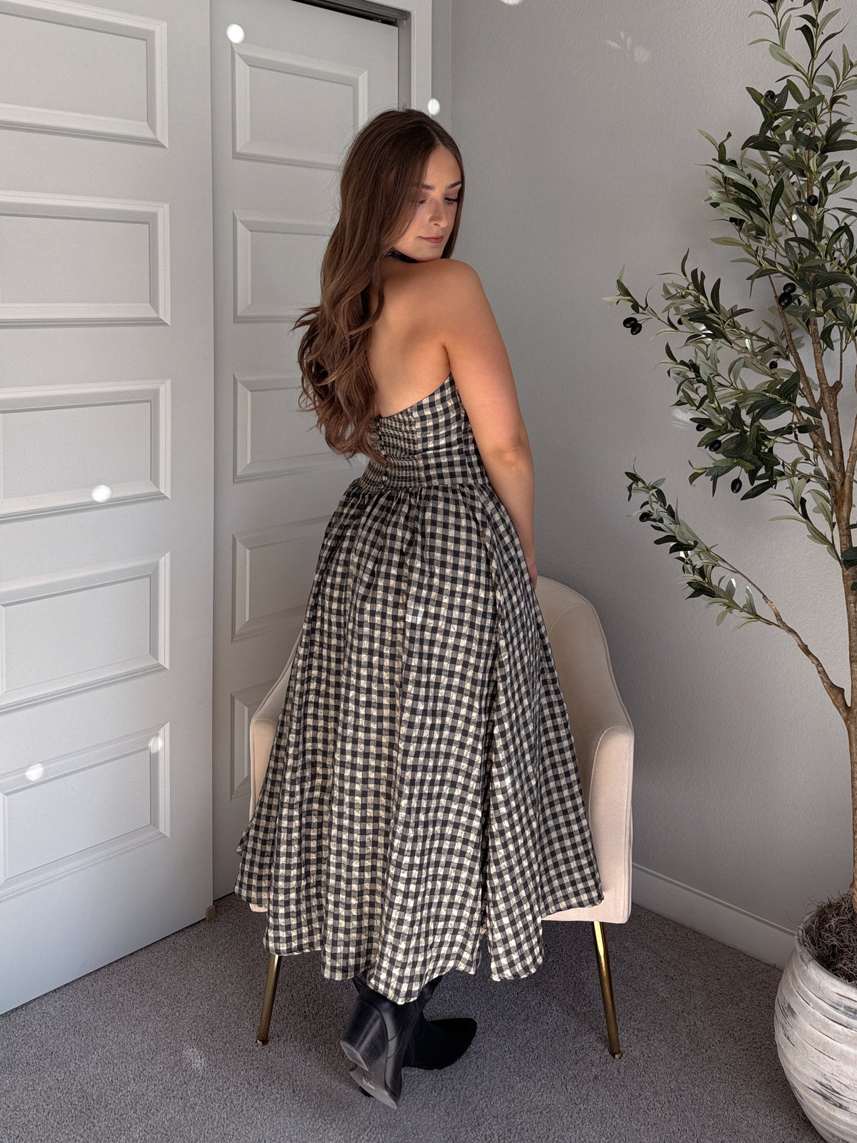 Sidney Gingham Print Halter Tie Fit & Flare Midi Dress (Natural/Black)