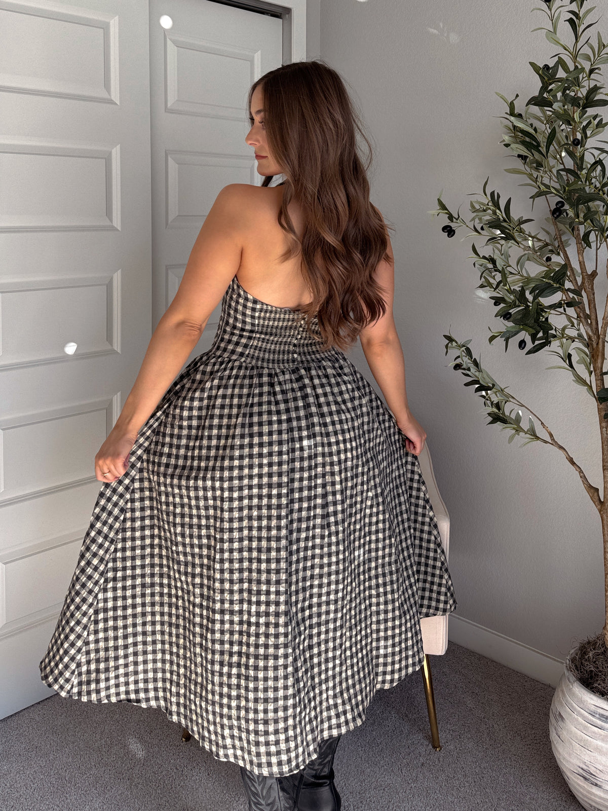 Sidney Gingham Print Halter Tie Fit & Flare Midi Dress (Natural/Black)