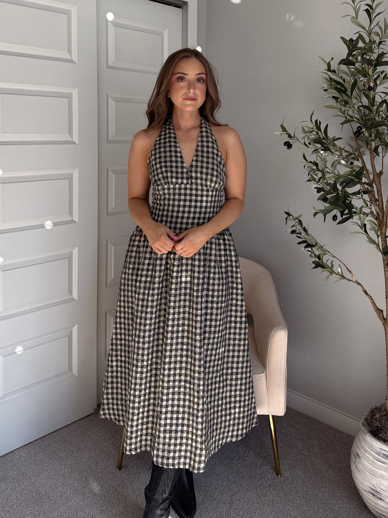 Sidney Gingham Print Halter Tie Fit & Flare Midi Dress (NATURAL/BLACK) Large Sidney Gingham Print Halter Tie Fit & Flare Midi Dress (NATURAL/BLACK) Large