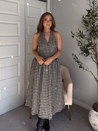 Sidney Gingham Print Halter Tie Fit & Flare Midi Dress (Natural/Black)