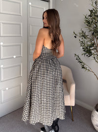 Sidney Gingham Print Halter Tie Fit & Flare Midi Dress (Natural/Black)