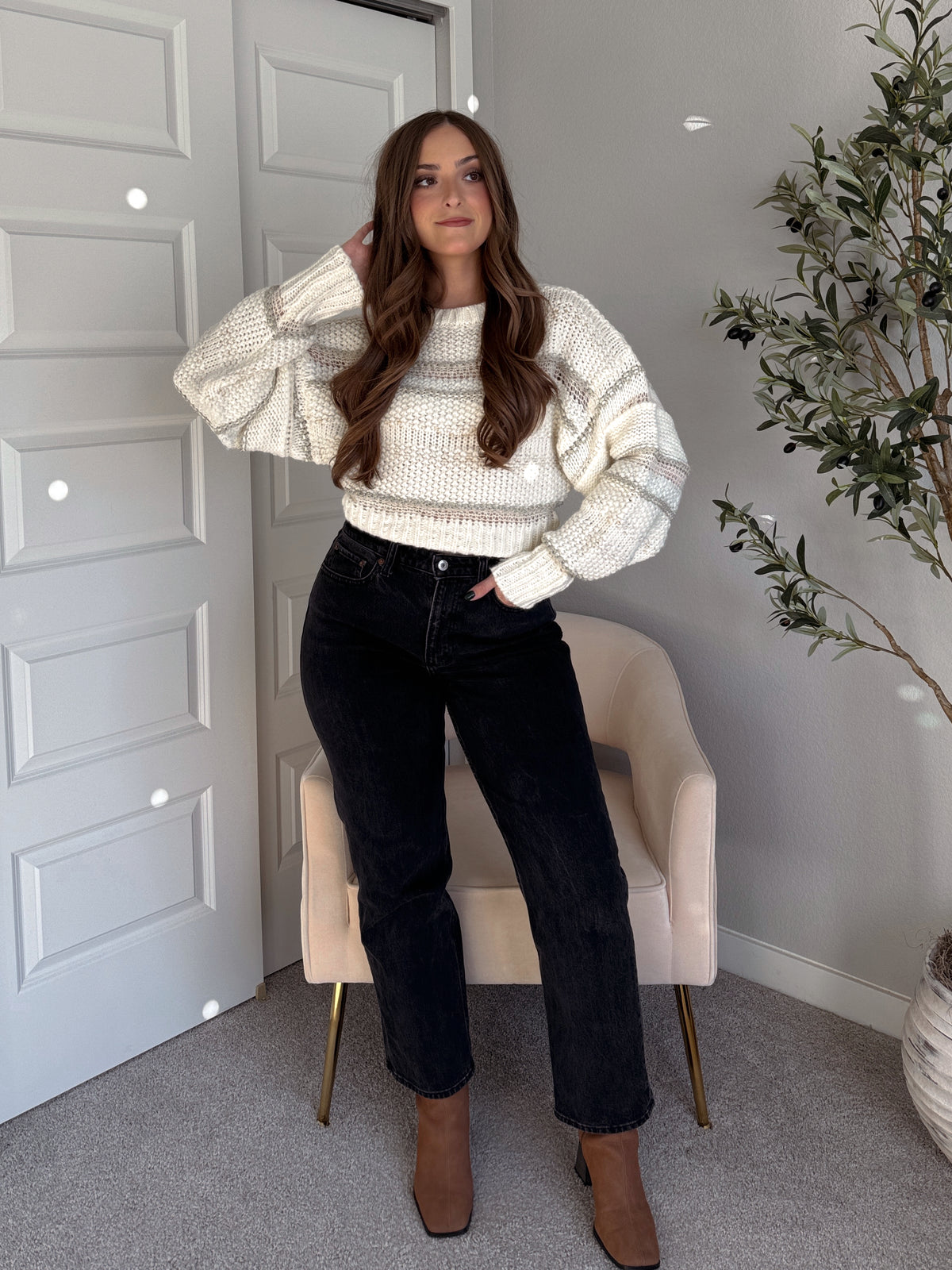 Sienne Striped Textured Cropped Sweater (Ivory/Olive)