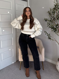 Sienne Striped Textured Cropped Sweater (Ivory/Olive)