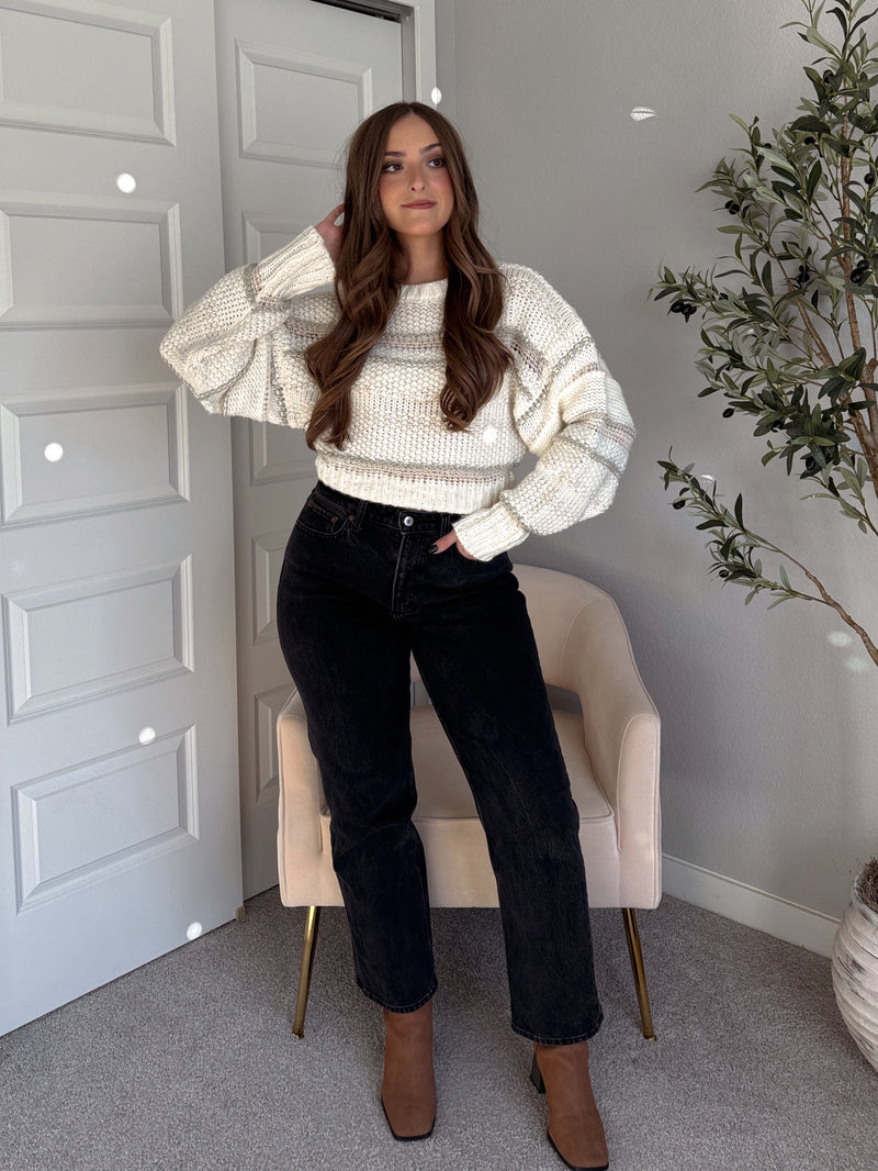 Sienne Striped Textured Cropped Sweater (Ivory/Olive)