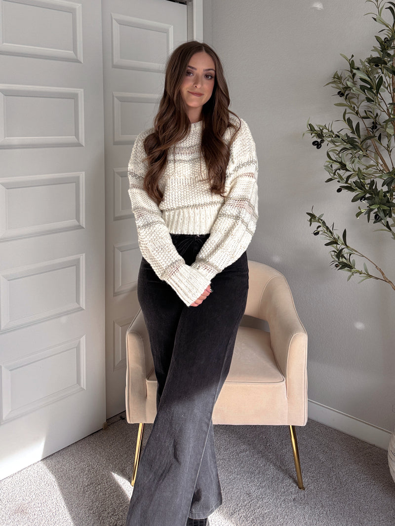 Sienne Striped Textured Cropped Sweater (Ivory/Olive)