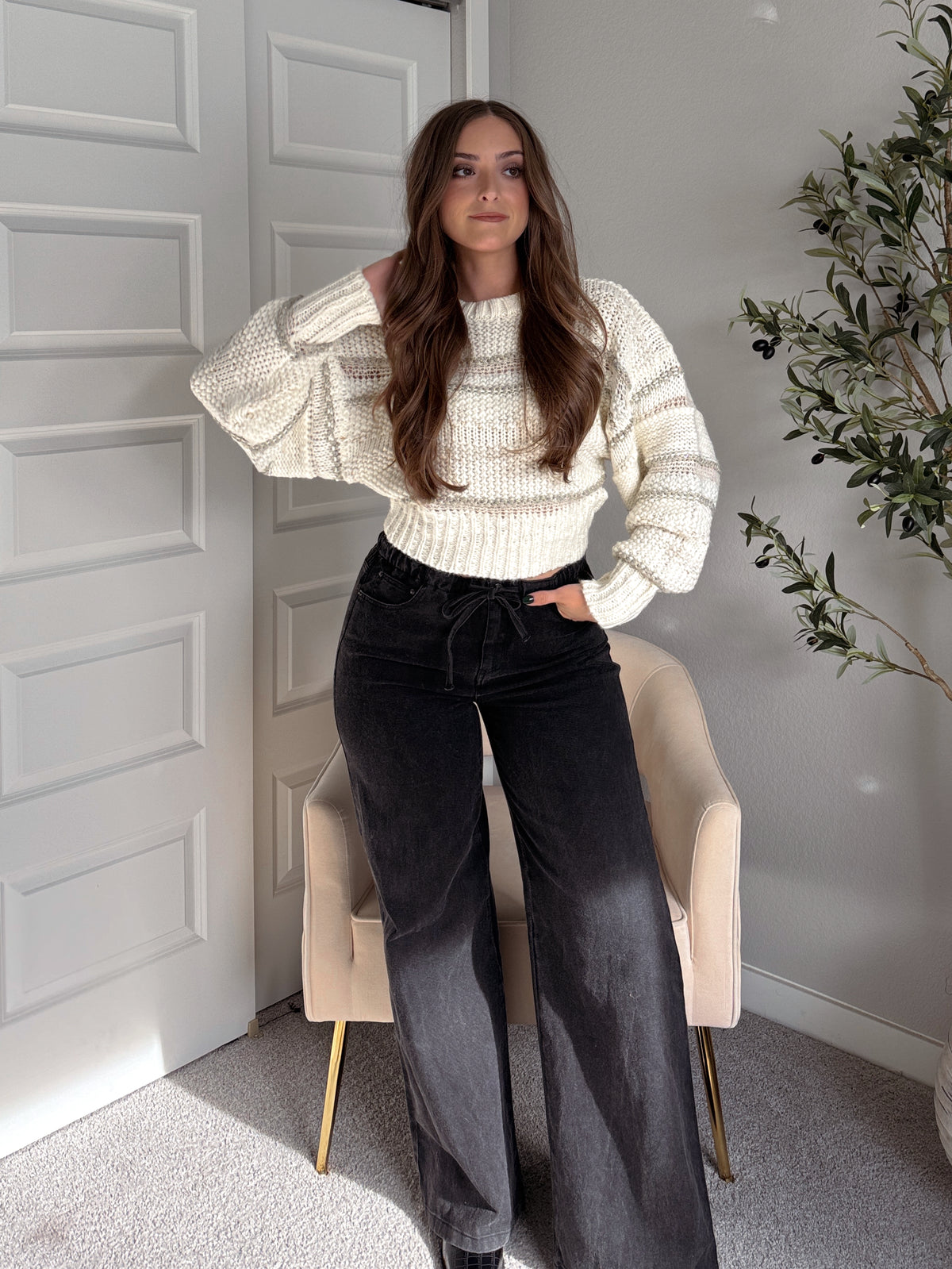 Sienne Striped Textured Cropped Sweater (Ivory/Olive)