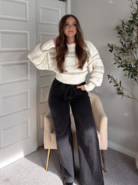 Sienne Striped Textured Cropped Sweater (Ivory/Olive)