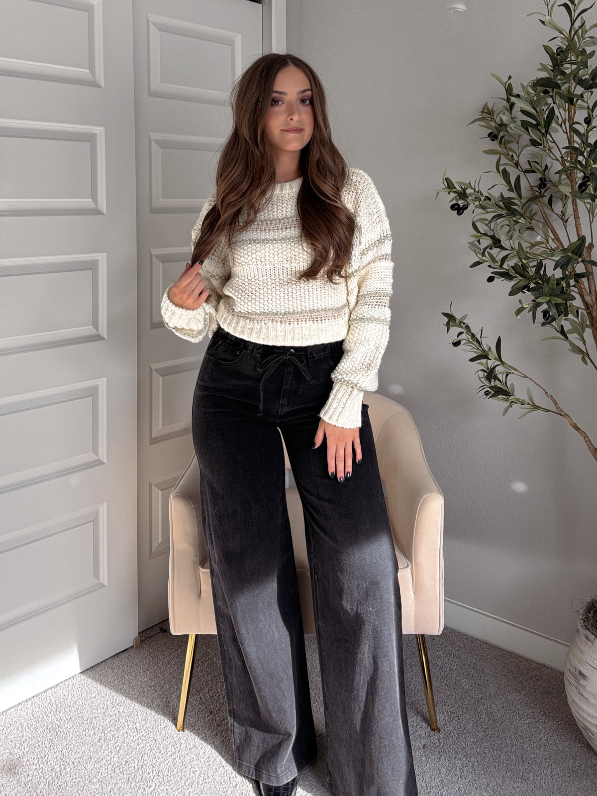 Sienne Striped Textured Cropped Sweater (Ivory/Olive)