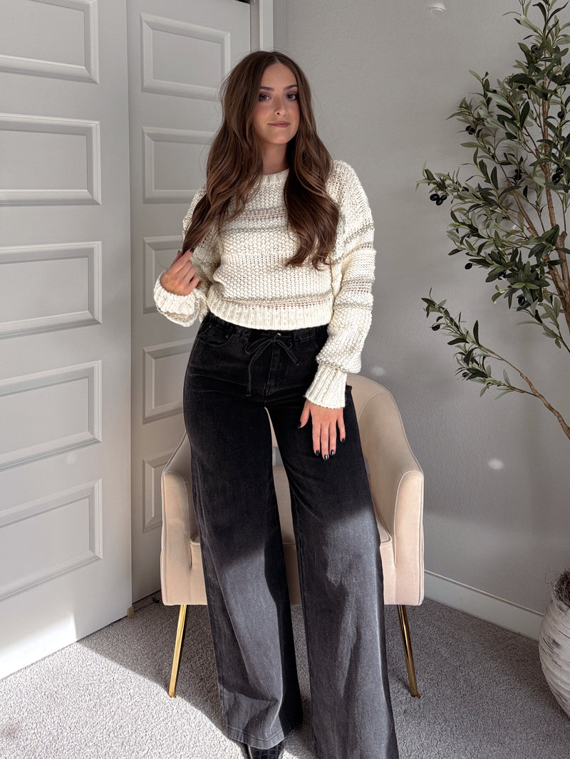 Sienne Striped Textured Cropped Sweater (Ivory/Olive)