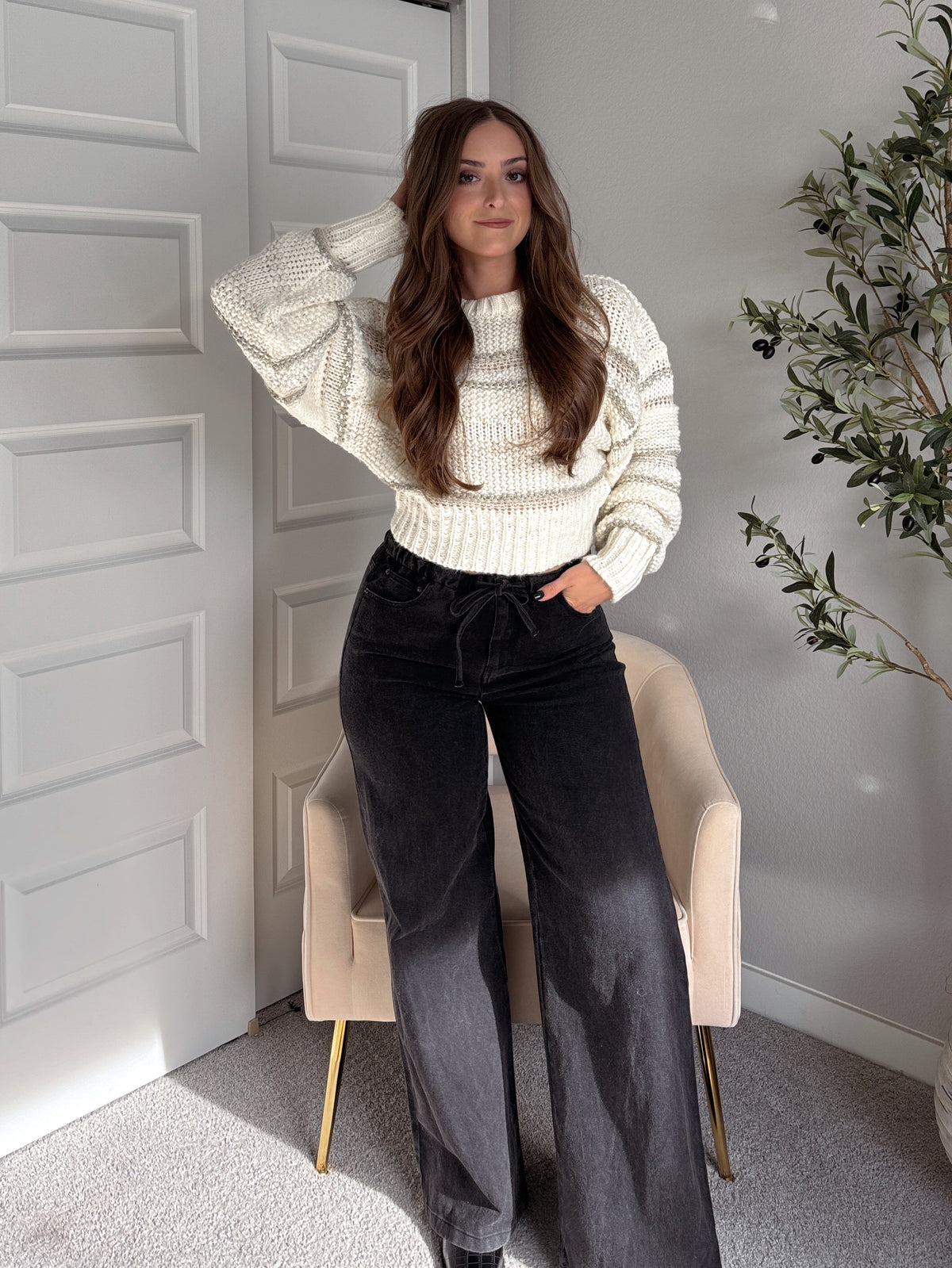 Sienne Striped Textured Cropped Sweater (Ivory/Olive)