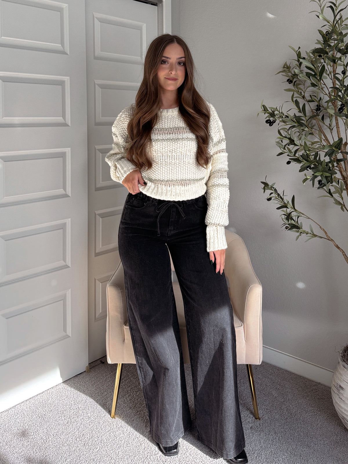 Sienne Striped Textured Cropped Sweater (Ivory/Olive)