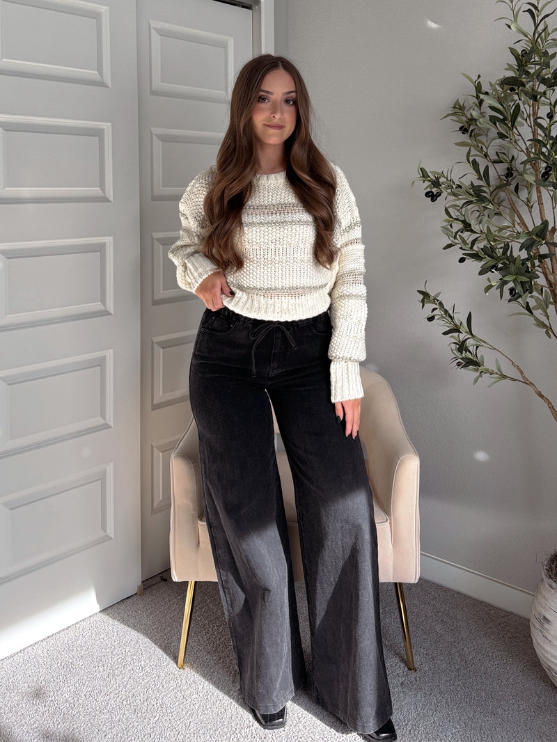 Sienne Striped Textured Cropped Sweater (Ivory/Olive)