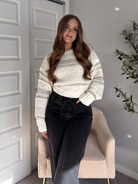 Sienne Striped Textured Cropped Sweater (Ivory/Olive)
