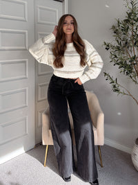 Sienne Striped Textured Cropped Sweater (Ivory/Olive)