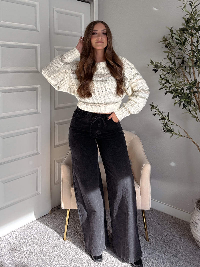 Sienne Striped Textured Cropped Sweater (Ivory/Olive)