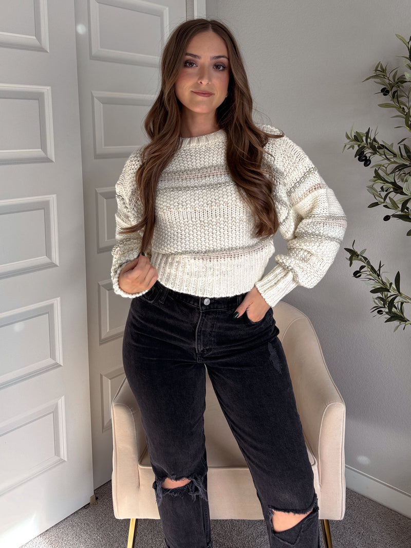Sienne Striped Textured Cropped Sweater (Ivory/Olive)