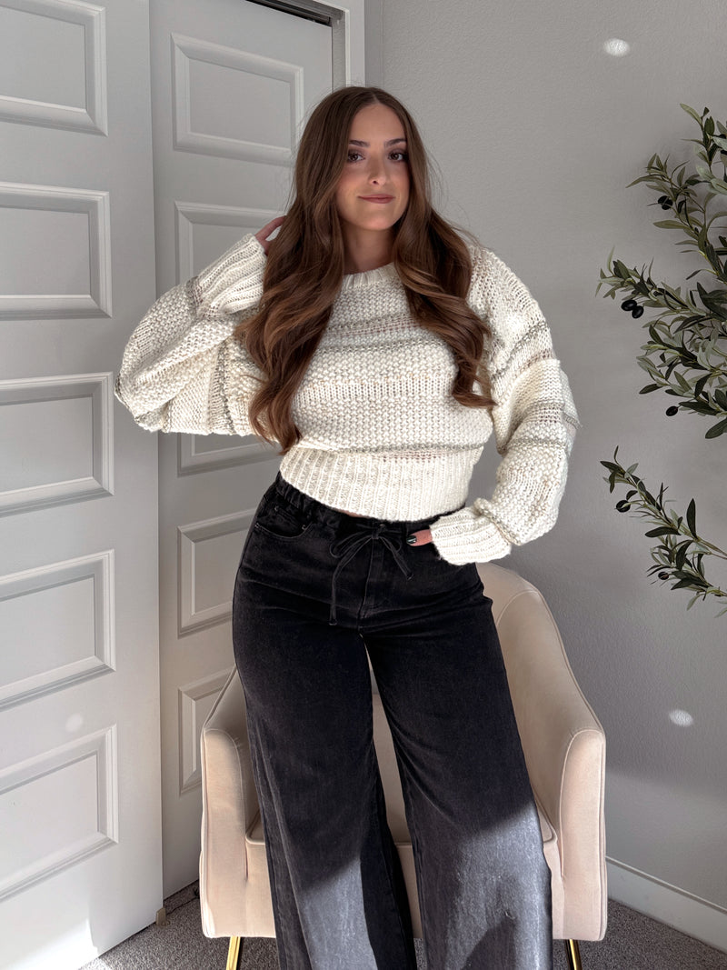 Sienne Striped Textured Cropped Sweater (Ivory/Olive)