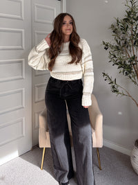 Sienne Striped Textured Cropped Sweater (Ivory/Olive)