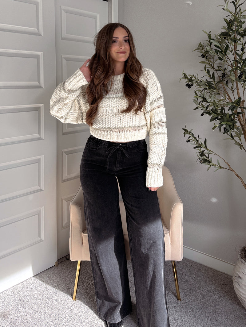 Sienne Striped Textured Cropped Sweater (Ivory/Olive)