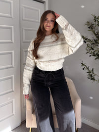 Sienne Striped Textured Cropped Sweater (Ivory/Olive)