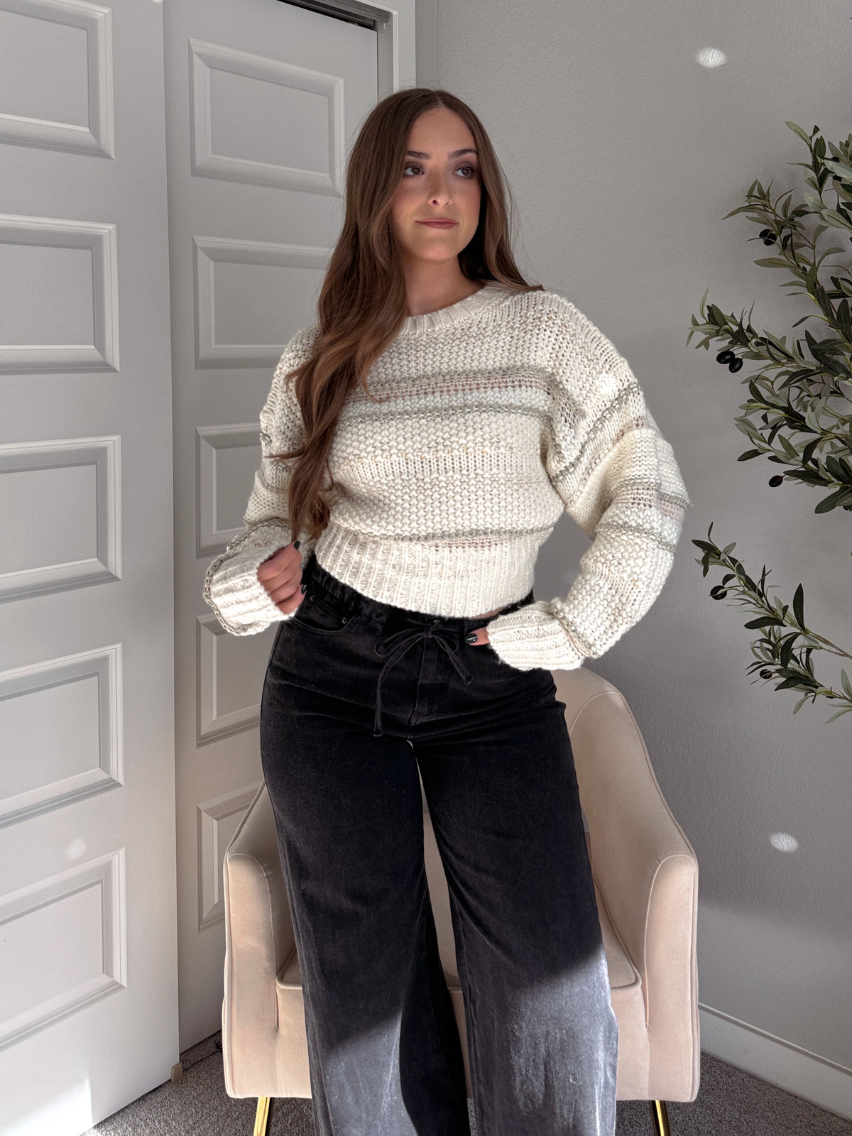 Sienne Striped Textured Cropped Sweater (Ivory/Olive)