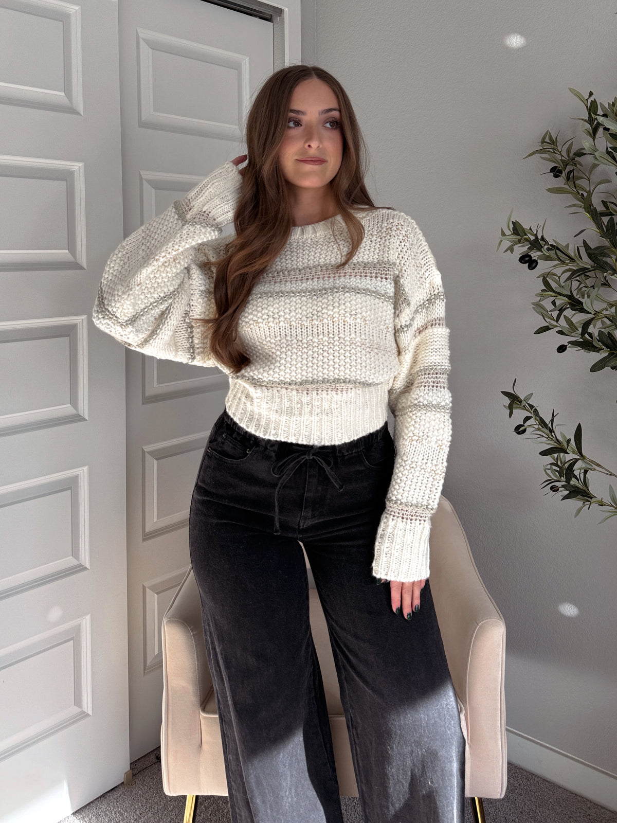 Sienne Striped Textured Cropped Sweater (Ivory/Olive)